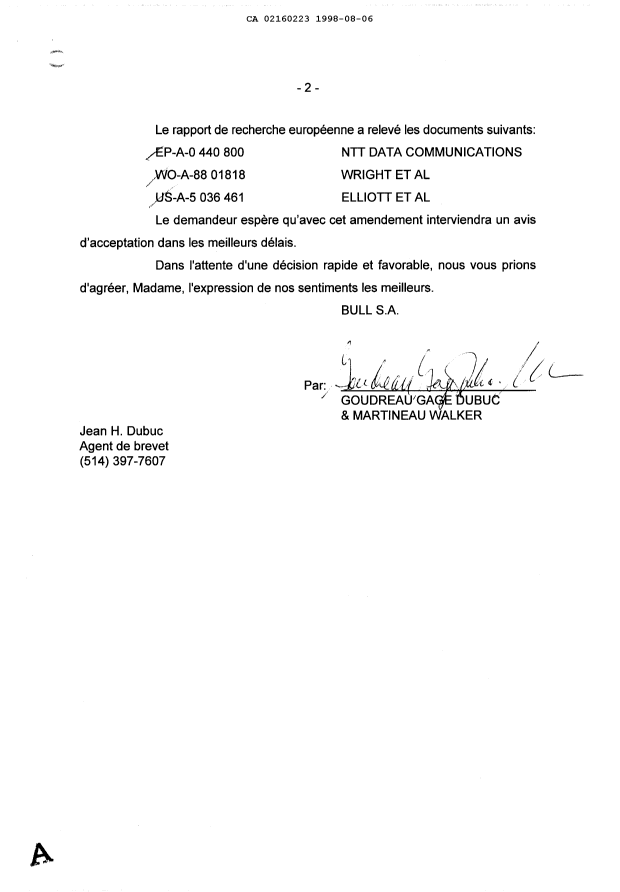 Canadian Patent Document 2160223. Prosecution-Amendment 19980806. Image 2 of 2