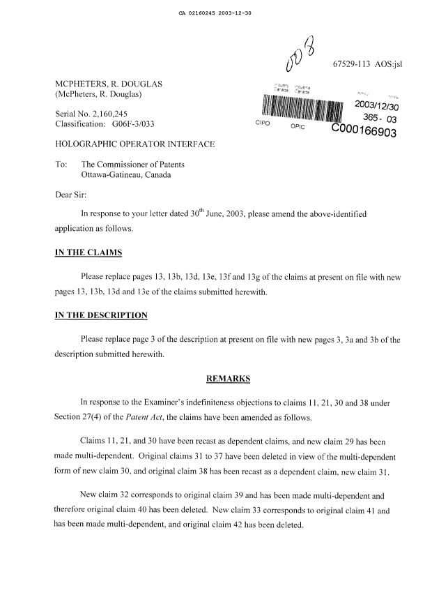 Canadian Patent Document 2160245. Prosecution-Amendment 20021230. Image 1 of 12