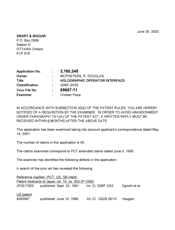 Canadian Patent Document 2160245. Prosecution-Amendment 20030630. Image 1 of 3