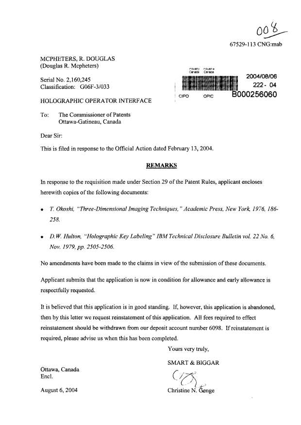 Canadian Patent Document 2160245. Prosecution-Amendment 20031206. Image 1 of 1