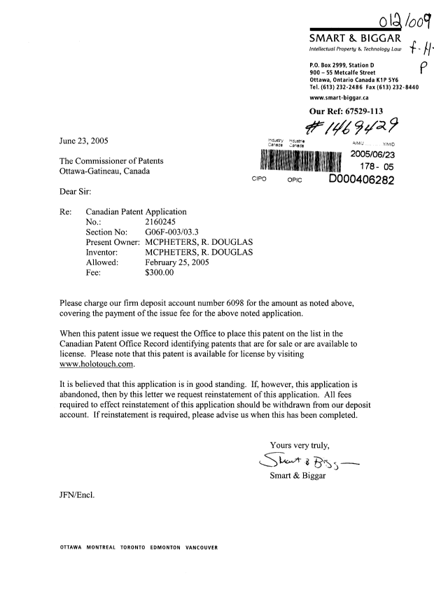 Canadian Patent Document 2160245. Correspondence 20041223. Image 1 of 1
