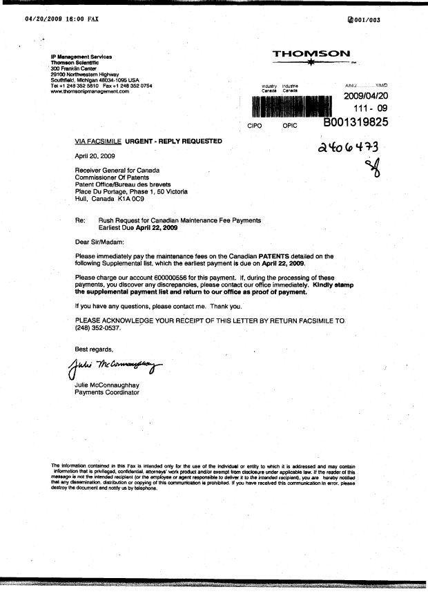 Canadian Patent Document 2160245. Fees 20081220. Image 1 of 2