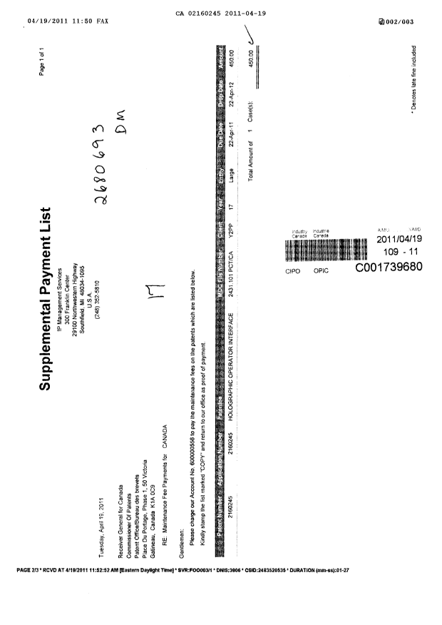 Canadian Patent Document 2160245. Fees 20101219. Image 1 of 2