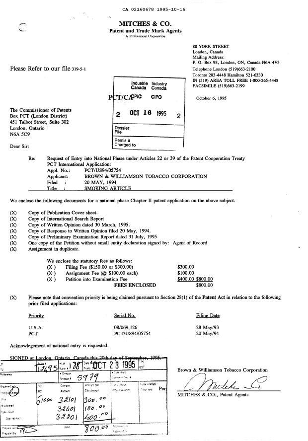 Canadian Patent Document 2160678. Assignment 19951016. Image 1 of 3