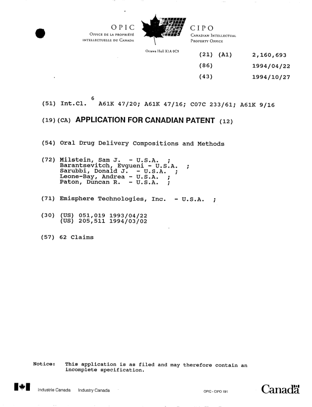 Canadian Patent Document 2160693. Cover Page 19951206. Image 1 of 1
