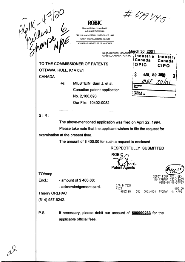 Canadian Patent Document 2160693. Prosecution-Amendment 20001230. Image 1 of 1