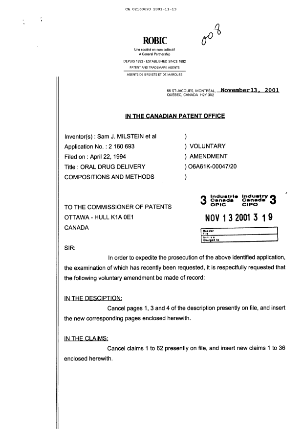 Canadian Patent Document 2160693. Prosecution-Amendment 20011113. Image 1 of 17
