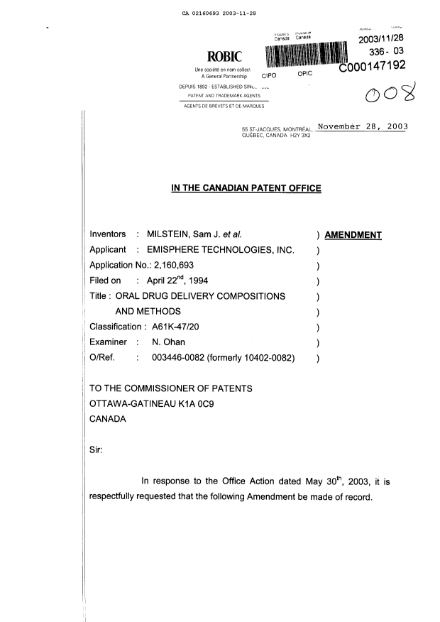 Canadian Patent Document 2160693. Prosecution-Amendment 20031128. Image 1 of 16