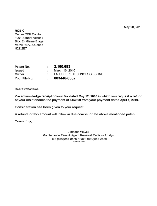 Canadian Patent Document 2160693. Correspondence 20091220. Image 1 of 1