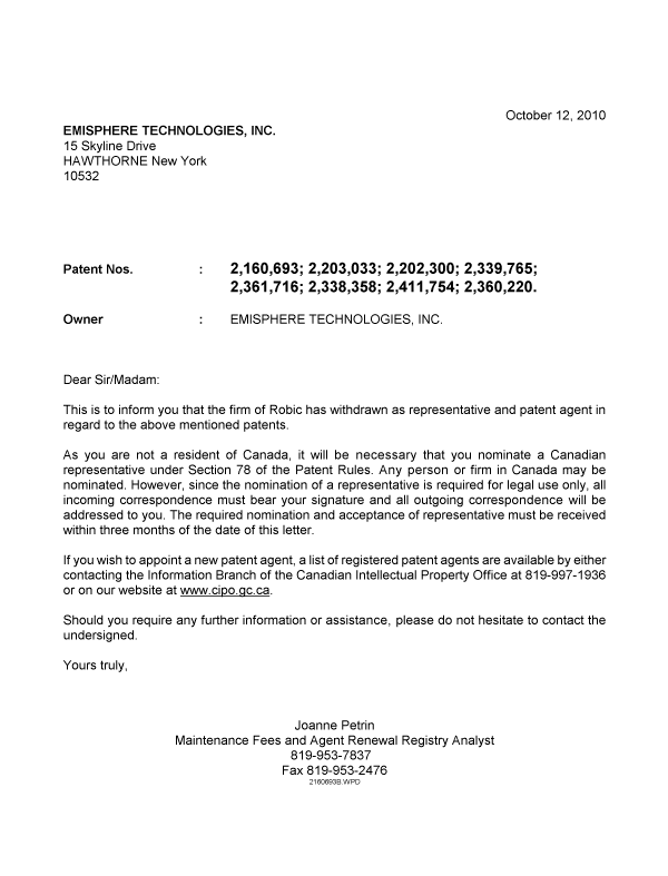 Canadian Patent Document 2160693. Correspondence 20101012. Image 1 of 1