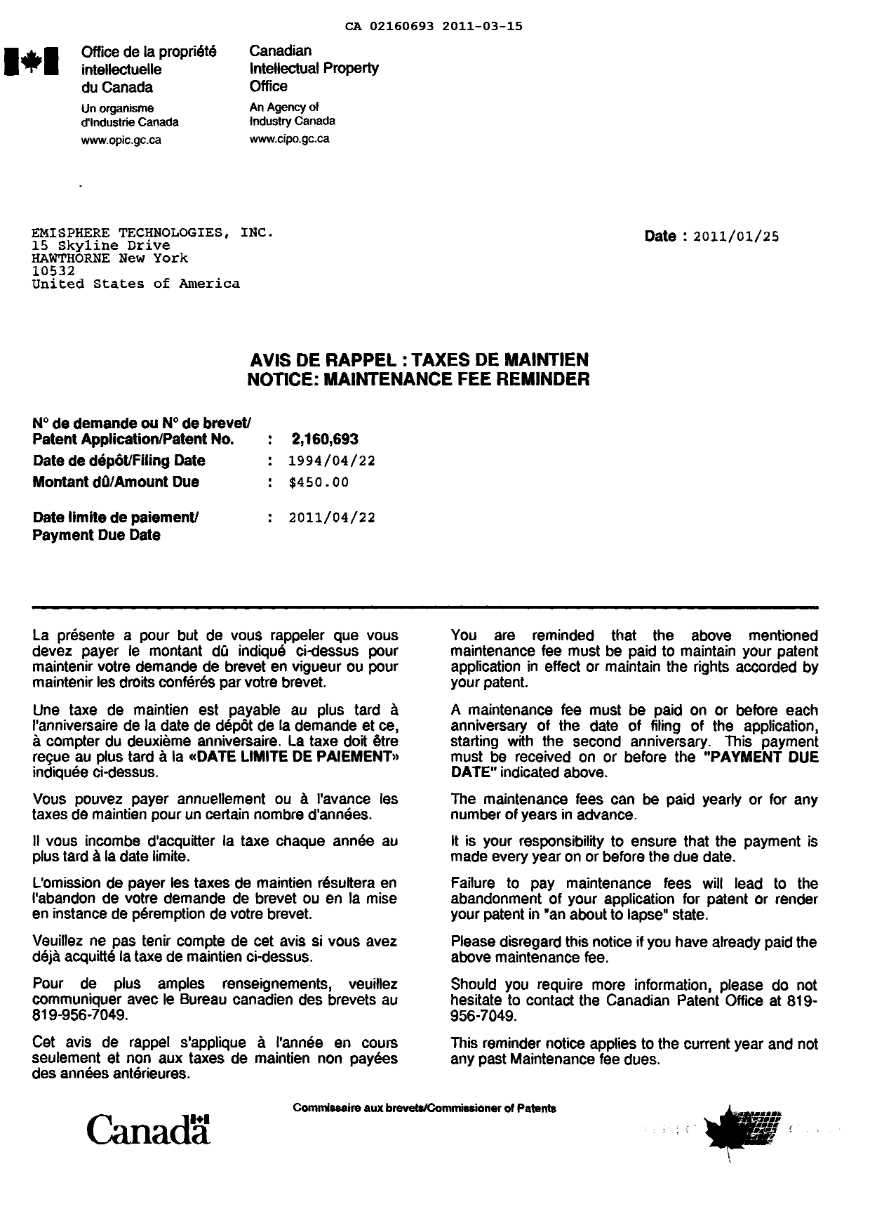 Document de brevet canadien 2160693. Correspondance 20101215. Image 1 de 2