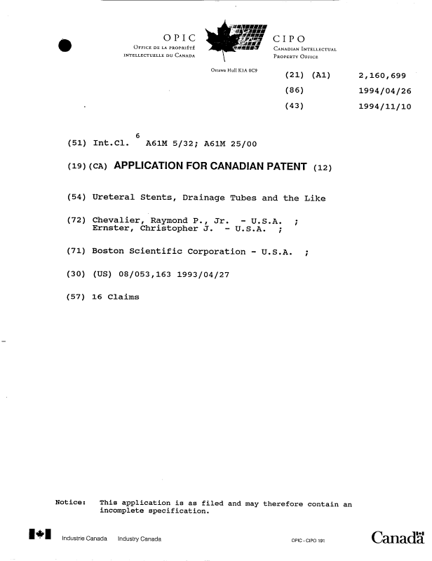Canadian Patent Document 2160699. Cover Page 19960306. Image 1 of 1