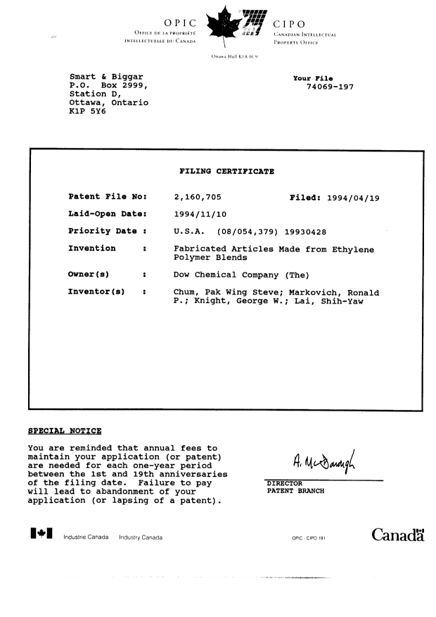 Document de brevet canadien 2160705. Cession 19941216. Image 10 de 11