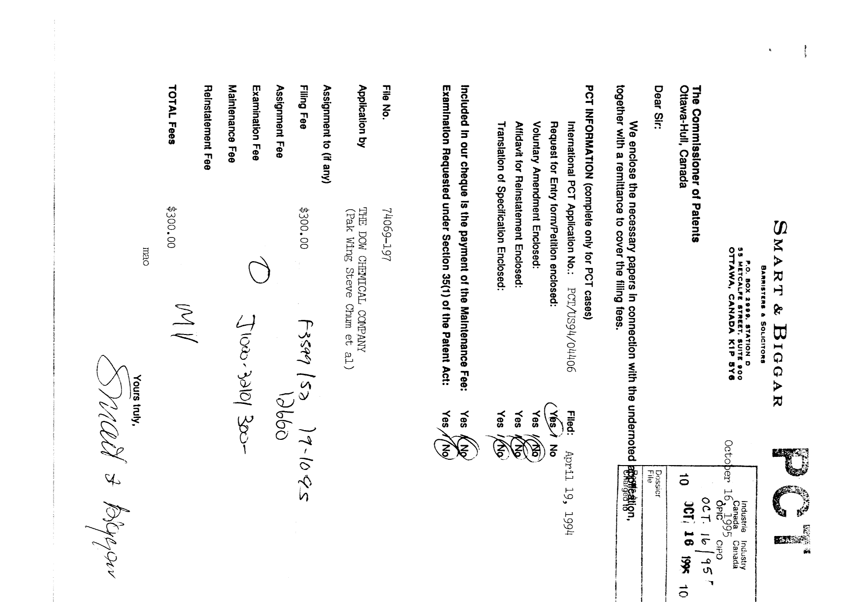 Document de brevet canadien 2160705. Cession 19941216. Image 1 de 11