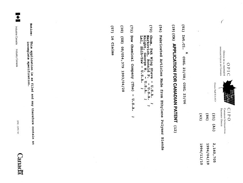 Document de brevet canadien 2160705. Page couverture 19951211. Image 1 de 1