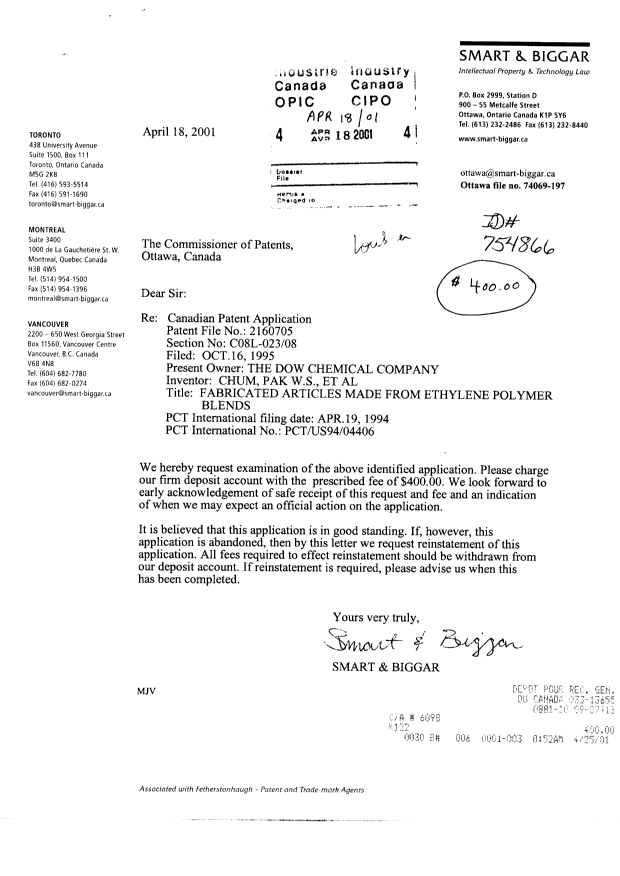 Canadian Patent Document 2160705. Prosecution-Amendment 20001218. Image 1 of 1