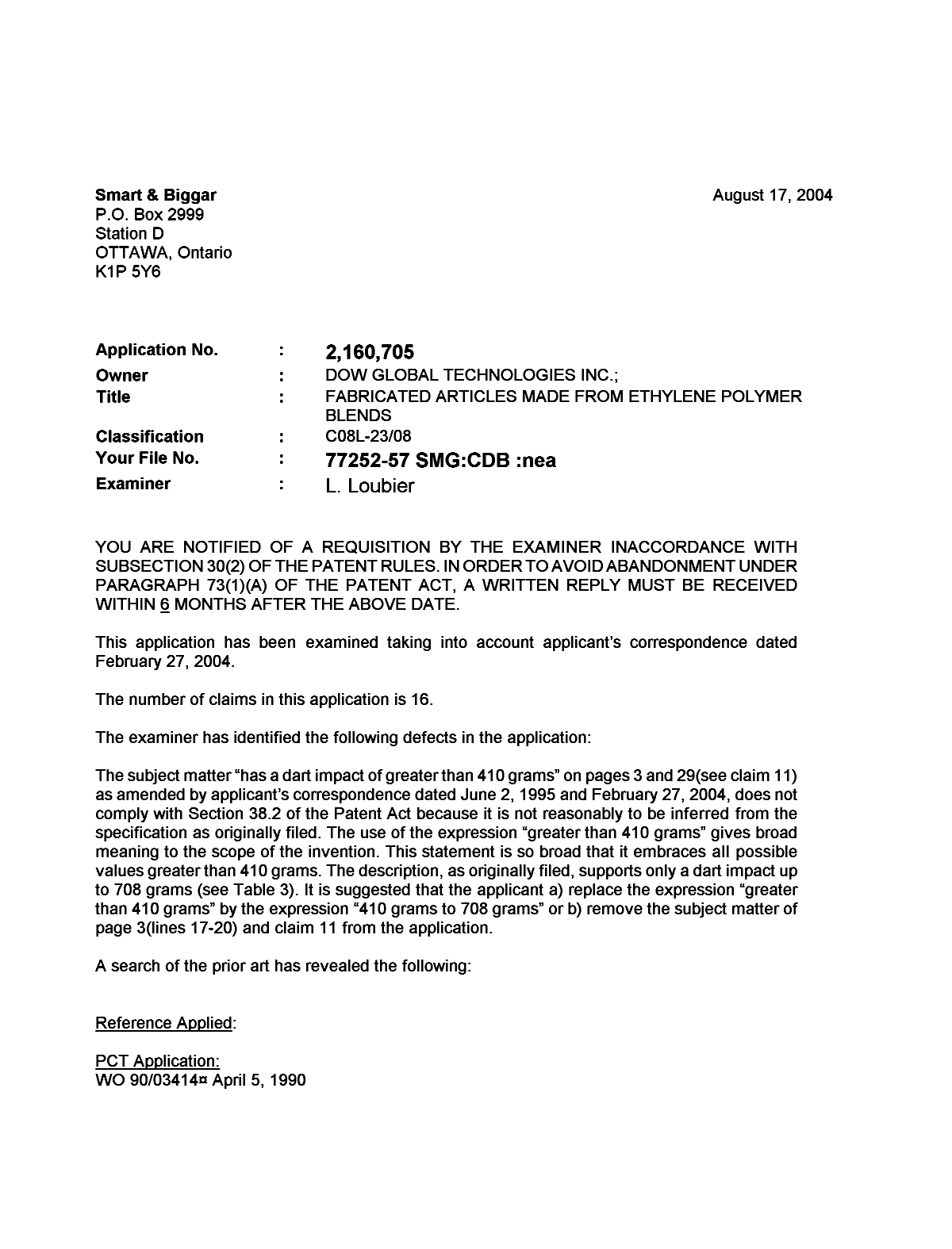 Canadian Patent Document 2160705. Prosecution-Amendment 20031217. Image 1 of 2