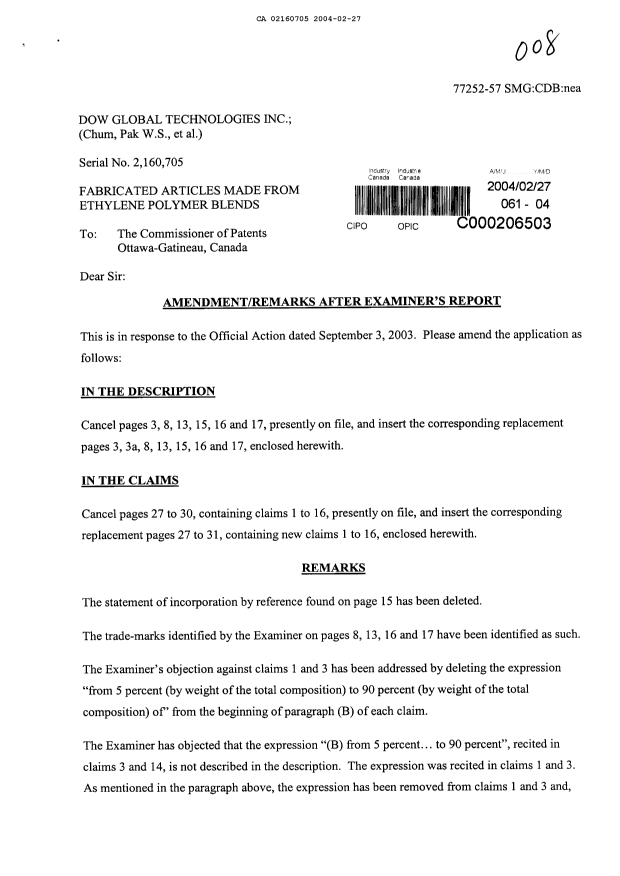 Canadian Patent Document 2160705. Prosecution-Amendment 20031227. Image 1 of 15