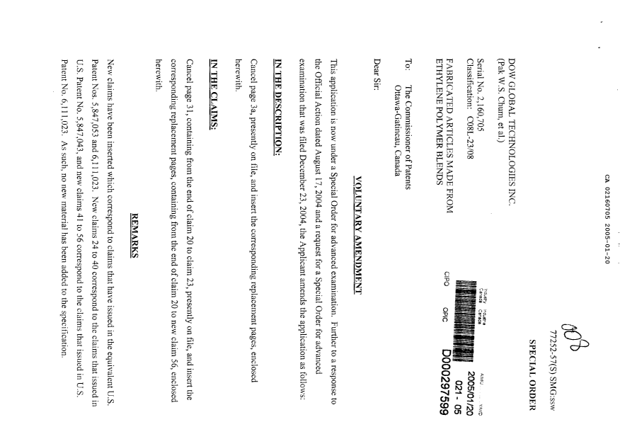 Canadian Patent Document 2160705. Prosecution-Amendment 20041220. Image 1 of 14