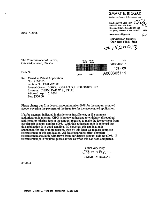 Canadian Patent Document 2160705. Correspondence 20051207. Image 1 of 1