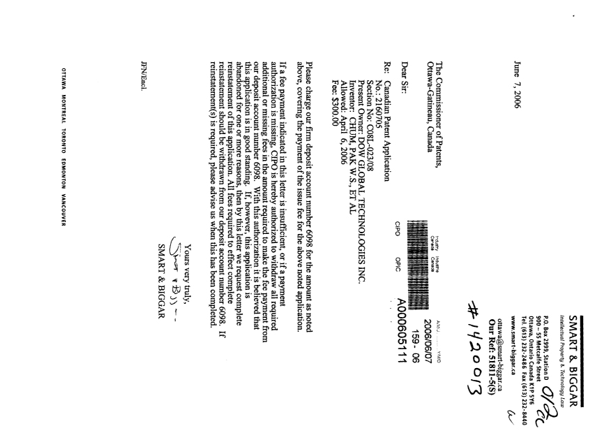 Canadian Patent Document 2160705. Correspondence 20051207. Image 1 of 1