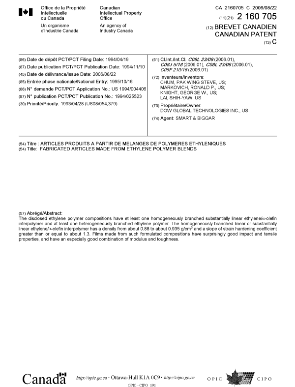 Document de brevet canadien 2160705. Page couverture 20051210. Image 1 de 1