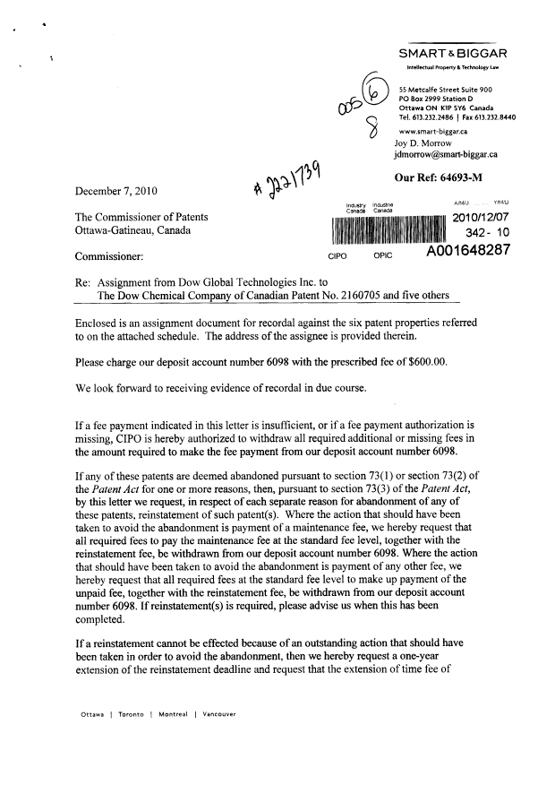 Document de brevet canadien 2160705. Cession 20091207. Image 1 de 5