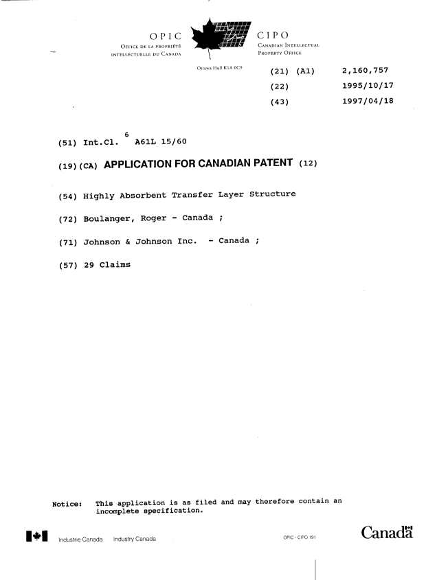 Canadian Patent Document 2160757. Cover Page 19951211. Image 1 of 1