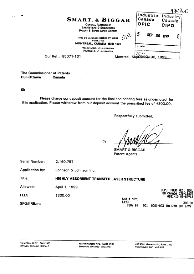 Canadian Patent Document 2160757. Correspondence 19981230. Image 1 of 1
