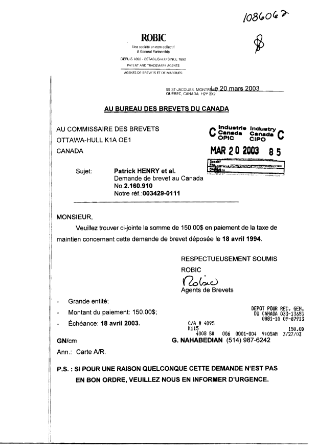 Document de brevet canadien 2160910. Taxes 20030320. Image 1 de 1