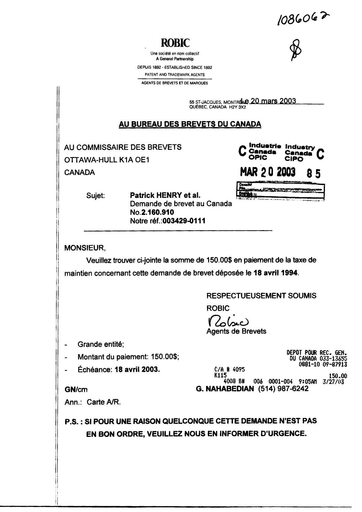 Canadian Patent Document 2160910. Fees 20030320. Image 1 of 1