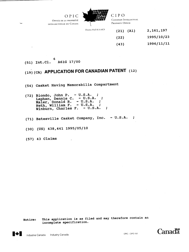 Document de brevet canadien 2161197. Page couverture 19960315. Image 1 de 1