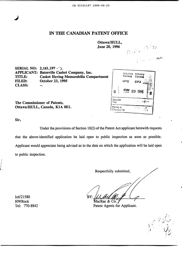 Document de brevet canadien 2161197. Correspondance 19960620. Image 1 de 1