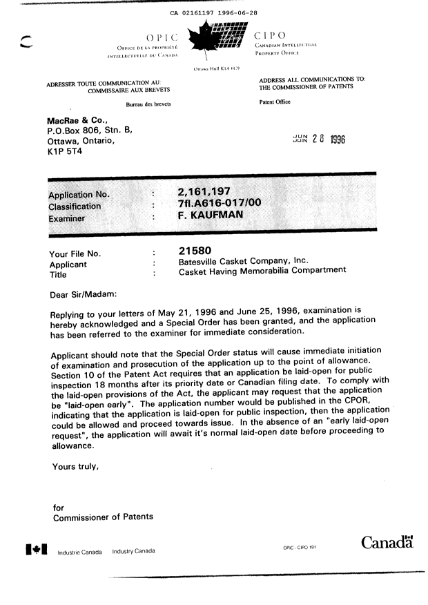 Canadian Patent Document 2161197. Prosecution-Amendment 19960628. Image 1 of 1
