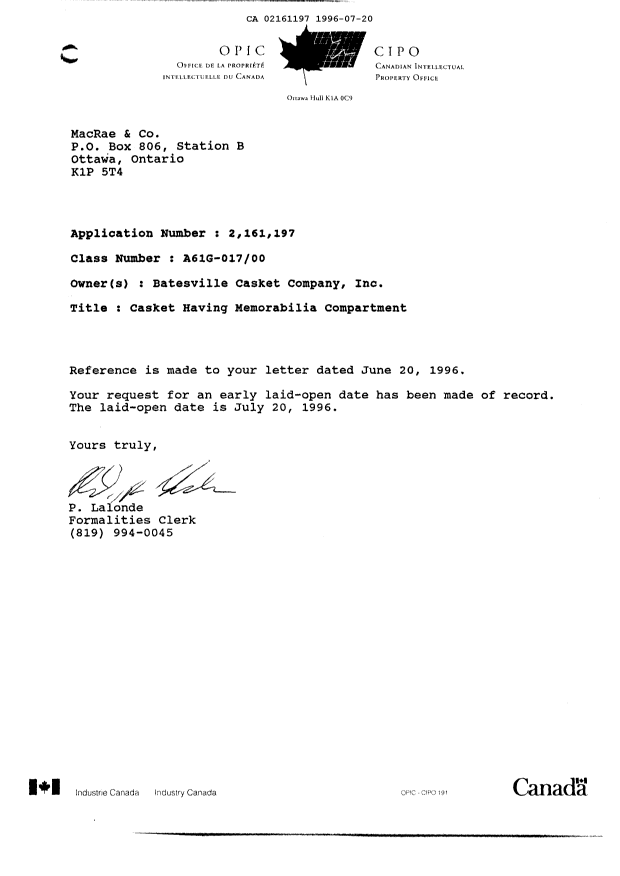 Document de brevet canadien 2161197. Correspondance 19960720. Image 1 de 1