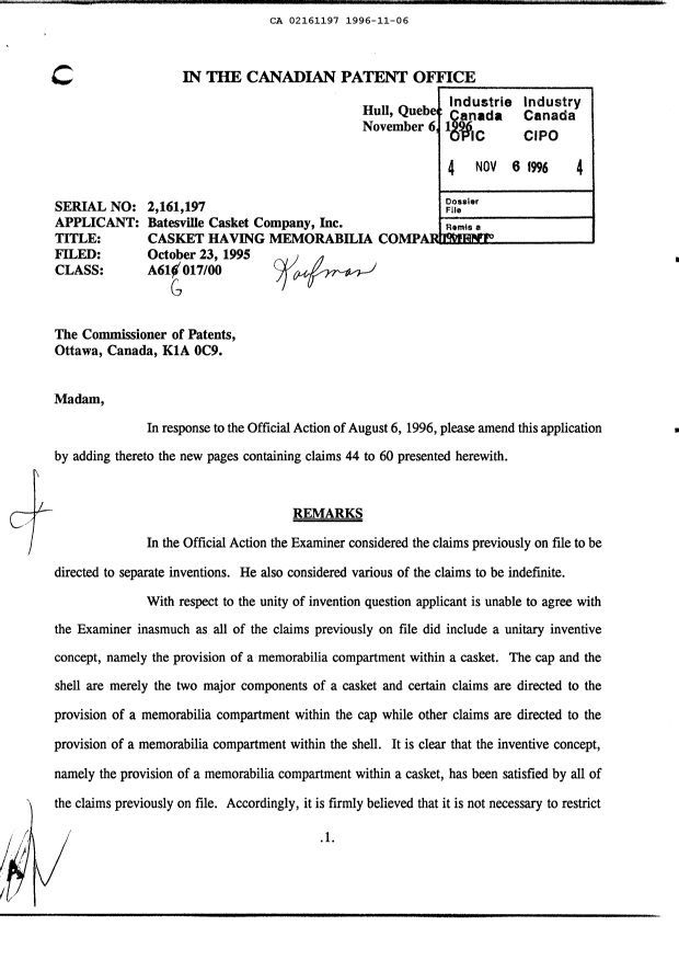 Document de brevet canadien 2161197. Poursuite-Amendment 19961106. Image 1 de 2