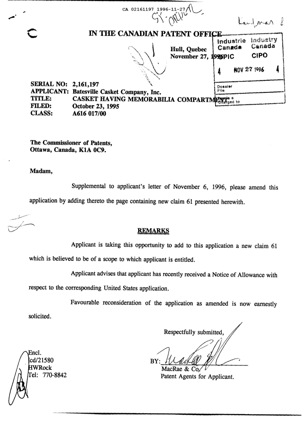Document de brevet canadien 2161197. Poursuite-Amendment 19961127. Image 1 de 1