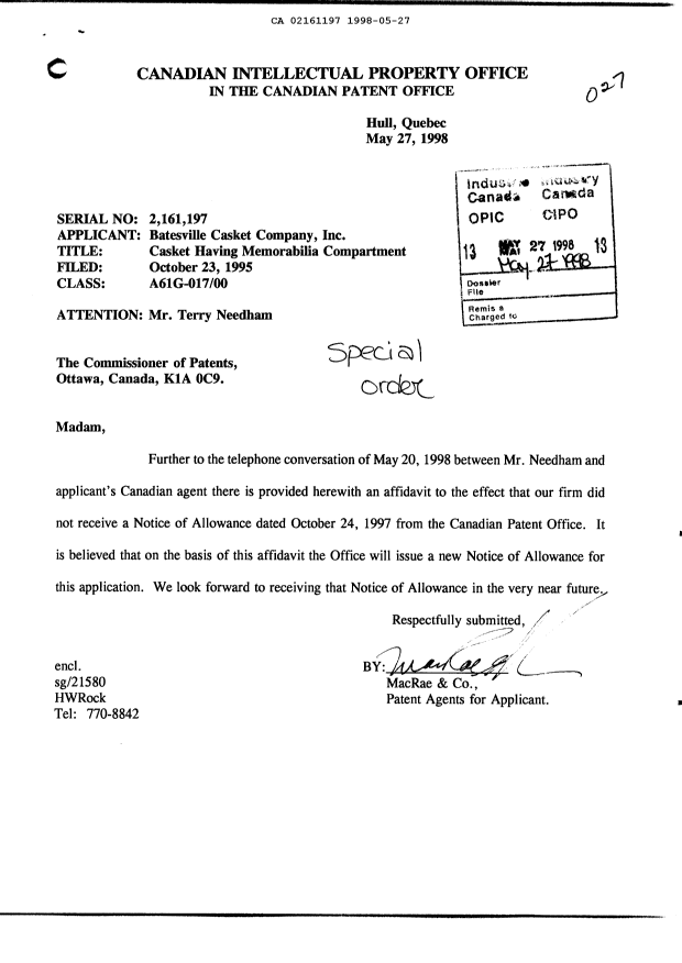 Document de brevet canadien 2161197. Poursuite-Amendment 19980527. Image 1 de 3