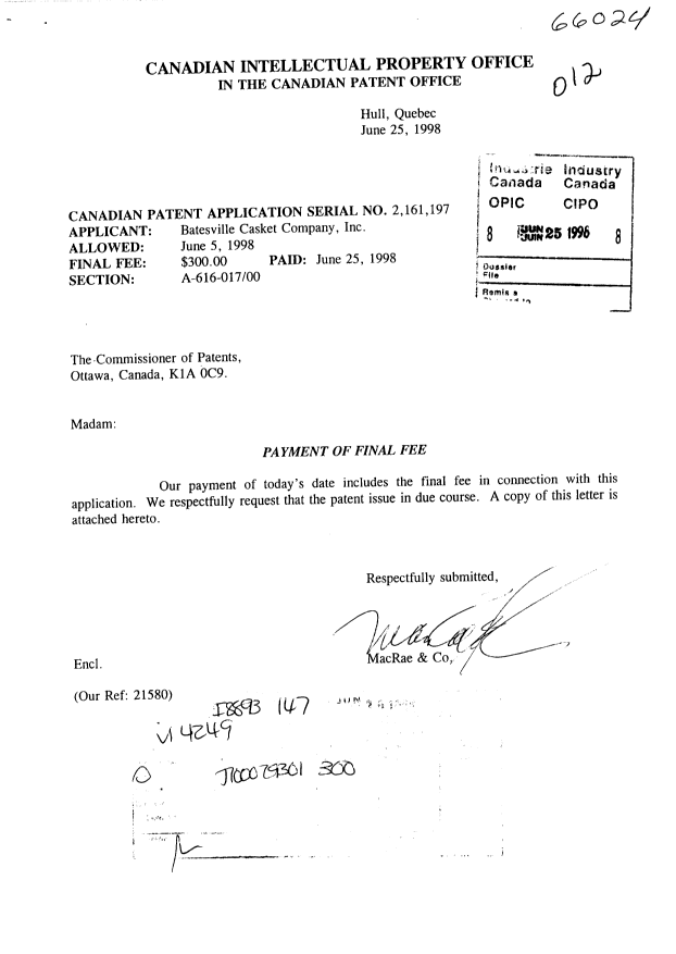 Document de brevet canadien 2161197. Correspondance 19980625. Image 1 de 1