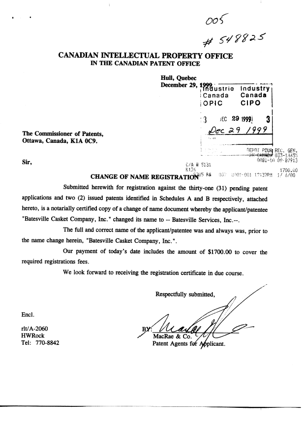 Document de brevet canadien 2161197. Cession 19991229. Image 1 de 9