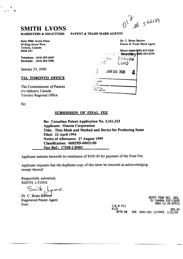 Document de brevet canadien 2161223. Correspondance 20000125. Image 1 de 1