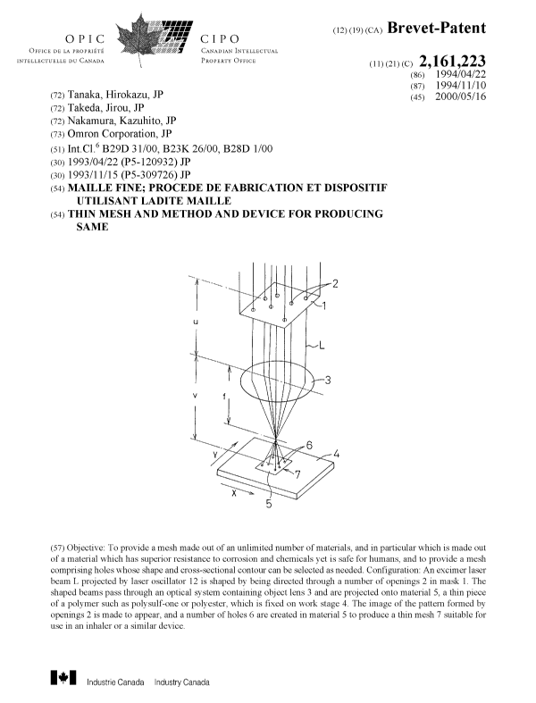 Document de brevet canadien 2161223. Page couverture 20000419. Image 1 de 1