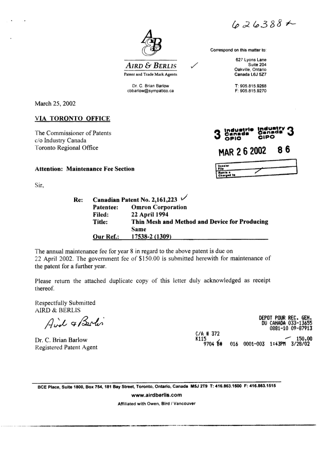 Document de brevet canadien 2161223. Taxes 20020326. Image 1 de 1