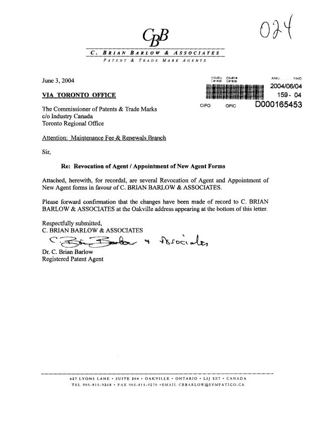 Document de brevet canadien 2161223. Correspondance 20040604. Image 1 de 3