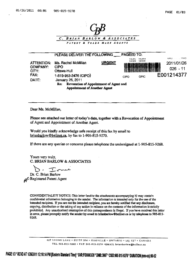 Document de brevet canadien 2161223. Correspondance 20110126. Image 1 de 17