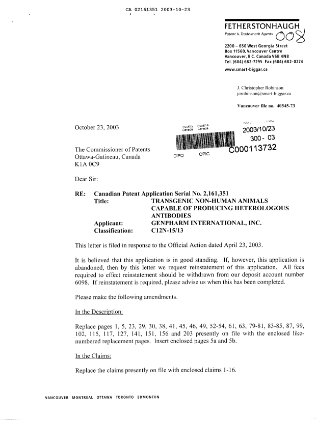 Canadian Patent Document 2161351. Prosecution-Amendment 20031023. Image 1 of 43