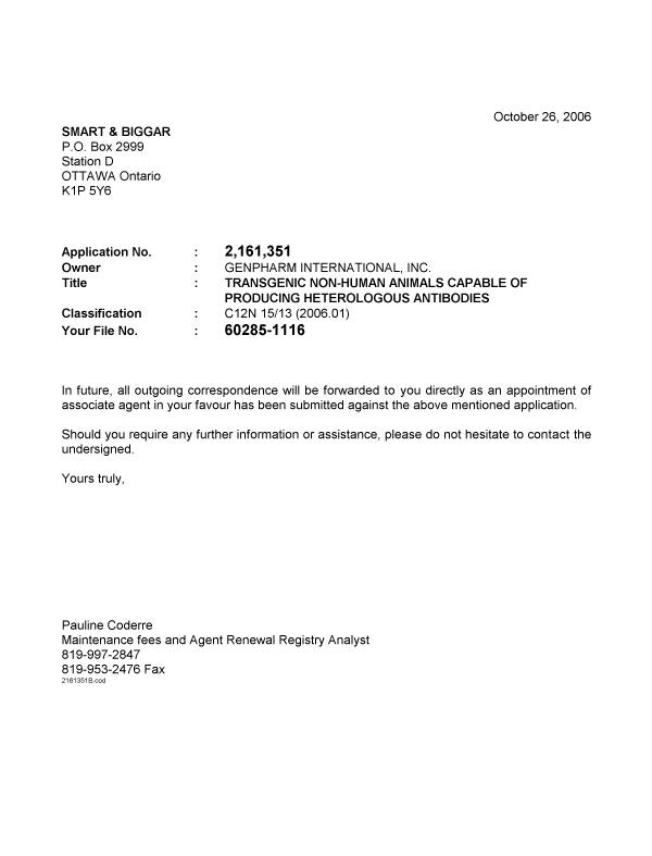 Canadian Patent Document 2161351. Correspondence 20061026. Image 1 of 1