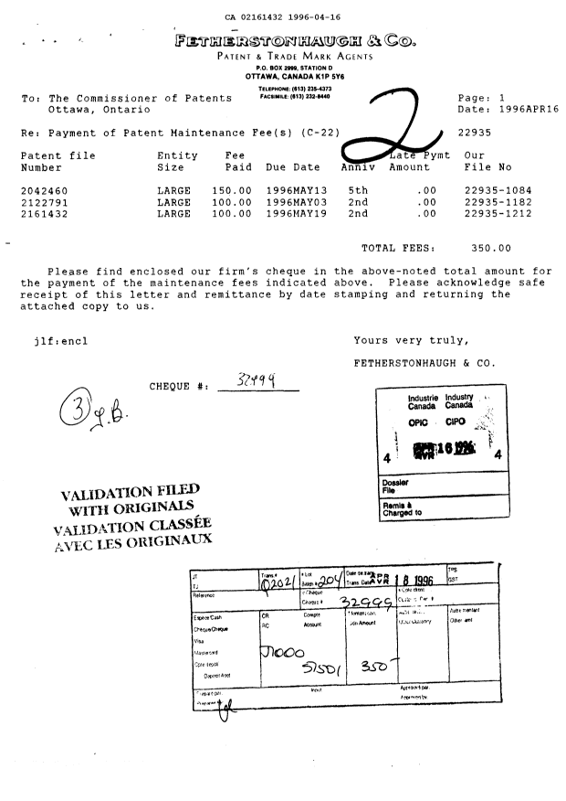 Canadian Patent Document 2161432. Fees 19951216. Image 1 of 1