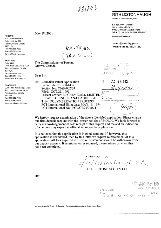 Canadian Patent Document 2161432. Prosecution-Amendment 20001218. Image 1 of 1
