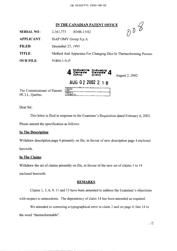 Canadian Patent Document 2161773. Prosecution-Amendment 20020802. Image 1 of 7